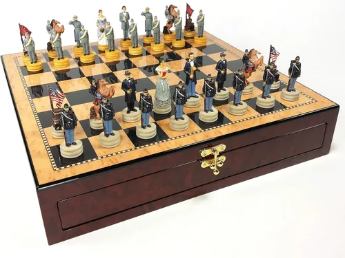 Juego de ajedrez de reinas de la guerra civil estadounidense con tablero de almacenamiento de color nogal y arce de 17 pulgadas de alto brillo
