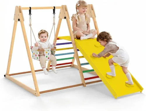 OLAKIDS Gimnasio de la selva para interiores, 3 en 1 de madera plegable Montessori Juguetes de escalada para niños pequeños con escalera ajustable