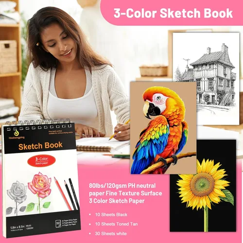 Miniatura 5 de Kit de lápices de dibujo y dibujo de 52 piezas, 24 lápices de colores para libros de colorear, lápiz de grafito y carbón, cuaderno de bocetos de 3
