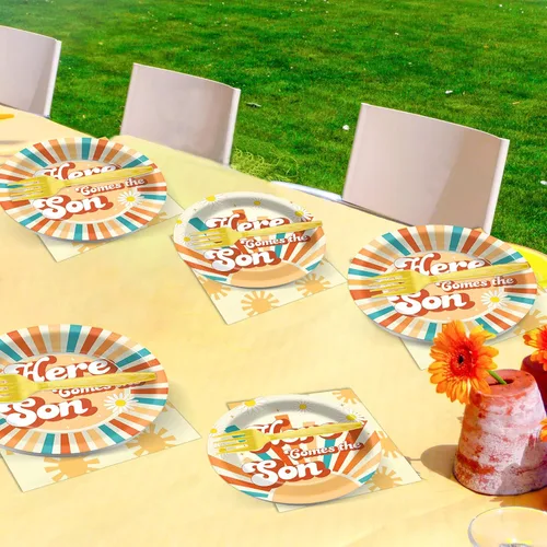 Miniatura 4 de ZOIIWA 96 piezas Aquí viene el hijo Decoraciones para baby shower Aquí viene el hijo Platos de papel, servilletas, tenedores Boho Sol Menaje