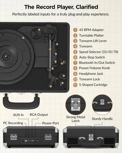 Miniatura 7 de Tocadiscos de vinilo con entrada y salida Bluetooth, tocadiscos portátil vintage de maleta, tocadiscos LP de 3 velocidades con conversión de vinilo