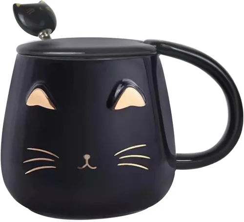 Yuwu Taza de café con diseño de gato, regalo para los amantes de los gatos, taza de cerámica, taza novedosa con tapa y cuchara de acero inoxidable,