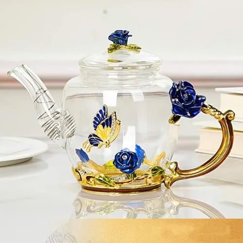 Miniatura 6 de Tetera creativa de cristal de flores para té de Kung Fu, buen regalo para hermana, mamá, abuela, profesores (rosa azul)