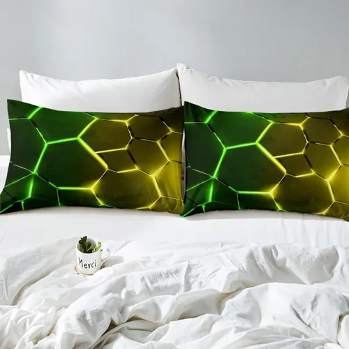 Miniatura 4 de Feelyou Juego de funda de edredón de panal de abeja, color verde y amarillo, juego de ropa de cama hexagonal para niños y niñas, funda de edredón