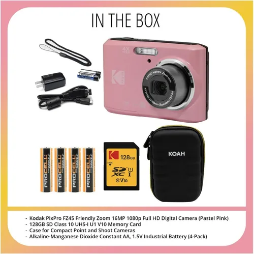 Miniatura 7 de Kodak PIXPRO FZ45 Friendly Zoom 16MP 1080p Cámara digital Full HD (rosa pastel) con tarjeta SD de 128 GB, estuche de cámara compacta y paquete de 4