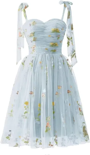 Miniatura 10 de Fivsole Vestido corto con bordado de flores para adolescentes, vestido de tul con tirantes delgados, mini formal, cóctel, fiesta de noche, vestidos