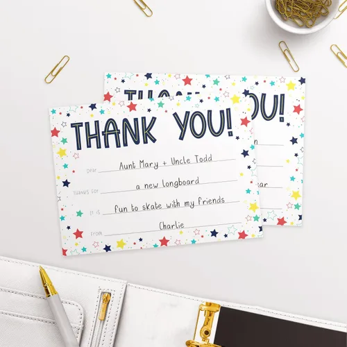 Miniatura 3 de Colorful Stars Thank You Flat Cards / 20 Gender Neutral Kids Fill In Gratitude Note Cards With White Envelopes / 4 5/8" x 6 1/4" Birthday Party