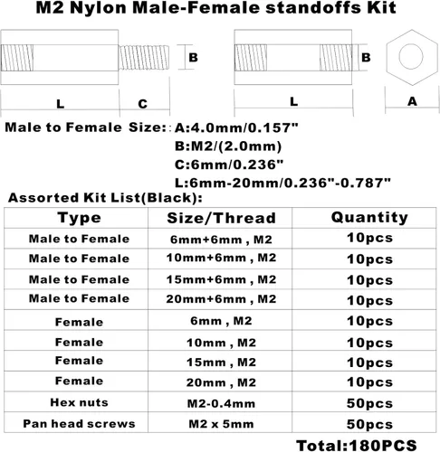 Miniatura 4 de M2 Nylon Hex Macho-Hembra Separadores Separadores Tornillo Tuerca Surtido Kit (Negro)