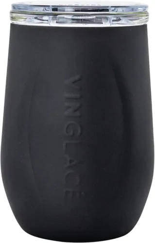 Vinglacé Copa de vino de acero inoxidable sin tallo, vaso de vino aislado con inserto de vidrio y tapa para sorber, 10 onzas, color negro