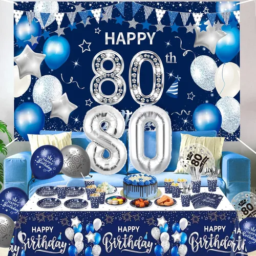 Miniatura 7 de Rumia Decoraciones de cumpleaños número 80, 131 piezas azul marino y plateado: pancarta, mantel, fondos de aluminio, globos, servilletas, vasos