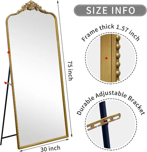 Miniatura 7 de Growsun Espejo de Piso Barroco Vintage Antiguo Negro de Cuerpo Completo, 65''x22'' Espejo de Cuerpo Completo Ornamentado con Soporte Independiente