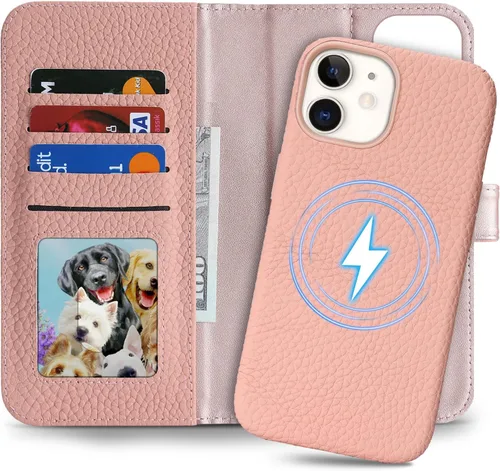 Miniatura 18 de Funda desmontable de piel auténtica para iPhone 13/14, funda magnética 2 en 1 extraíble, soporte de carga MagSafe, función de soporte para tarjetas