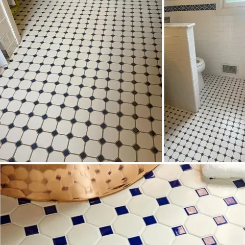 Miniatura 3 de Tenedos Mosaico de porcelana octagonal blanco mate con puntos azules cobalto brillantes, diseño italiano para suelos de baño y salpicaduras