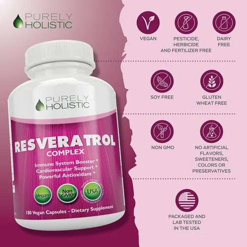 Miniatura 6 de Purely Holistic Resveratrol 1450 mg, 90 porciones, suplemento antioxidante trans-resveratrol con vitamina C y complejo de polifenoles, 180 cápsulas
