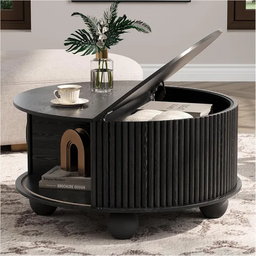 Miniatura 14 de Mesa de centro elevable con almacenamiento, mesa de centro moderna de mediados de siglo con patas de madera maciza, mesa central minimalista Roble