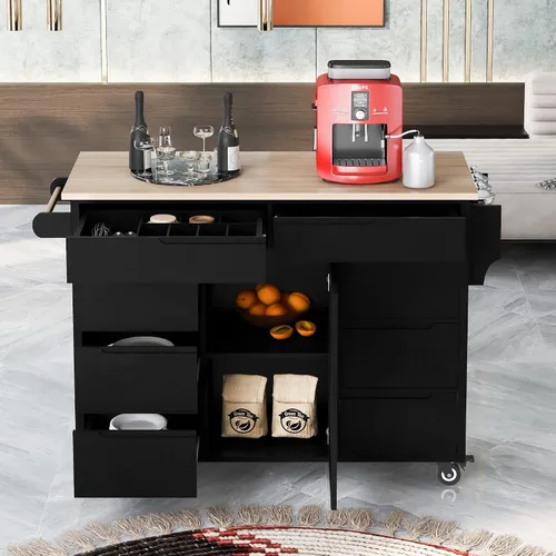 Miniatura 13 de Delicate Rolling Kitchen Island Cart with Rubber Wood Drop-Leaf Countertop and Lockable Rollers,Storage Cabinet and 2 Drawers,Sliding Barn Door