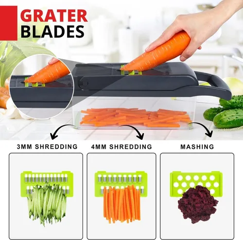 Miniatura 3 de Cortador de verduras 16 en 1 con contenedor Mandolina Cortador de verduras Cebolla Patata Fruta Alimentos Manual Gadget de cocina para cocina Acero