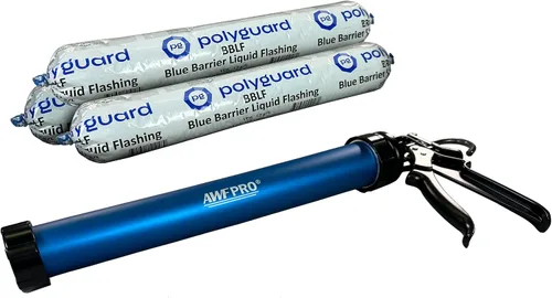 Miniatura 9 de POLYGUARD Blue Barrier Liquid Flashing Paquete de 12 tubos de salchicha de 20 onzas. Sistema de barrera de aire resistente a la intemperie alrededor