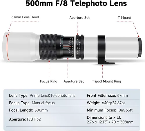 Miniatura 5 de JINTU Lente teleobjetivo manual de 19.685-39.370 in f/8 + montura en T para Canon EOS Rebel SL2 SL1 T3 T3i T4i T5 T5i T6 T6i T6s T7 T7i 4000D 6D 7D