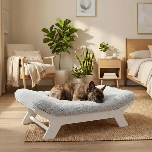 Miniatura 8 de Muihood Marco de cama elevado de madera para perro y colchón de espuma para jaula de huevos, lujoso adecuado para mascotas de hasta 45 libras