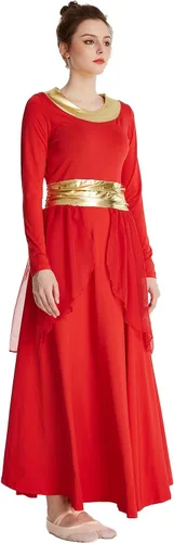 Miniatura 5 de MYRISAM Mujeres Alabanza Bata de Baile Culto Litúrgico Cintura Metálico Vestido de Manga Larga Falda de Gasa Traje Lírico