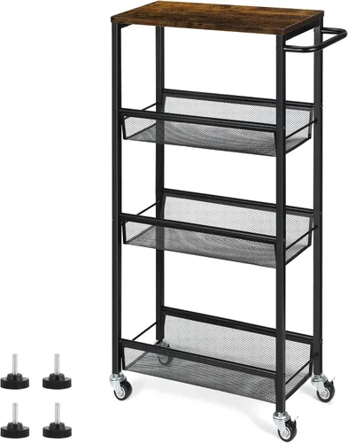 NANANARDOSO Carrito de almacenamiento delgado de 4 niveles, estantería para espacio pequeño, carrito de almacenamiento rodante con tapa de madera y