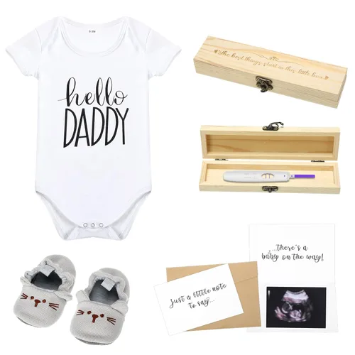 Jiuguva Anuncios de embarazo sorpresa para papá y esposo, caja de recuerdos de prueba de embarazo, caja de anuncios de madera, body de Hello Daddy,