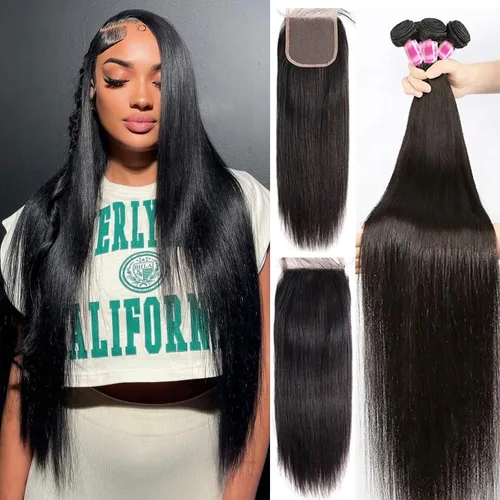 Miniatura 24 de 3 manojos de cabello humano lacio 100% sin procesar virgen brasileño paquetes de 10, 12, 14 pulgadas, mechones de cabello humano corto sin procesar