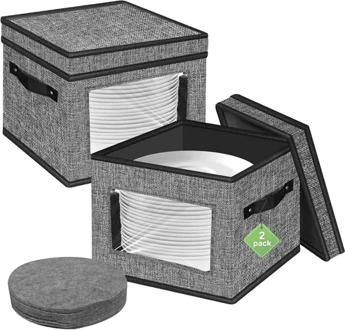 homyfort Contenedores de almacenamiento de China con tapa y asas, caja de almacenamiento de vajilla para platos con 12 separadores de fieltro,