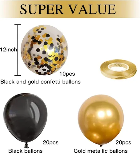 Miniatura 2 de Globos de látex de confeti negro y dorado, 50 piezas de 12 pulgadas, globos dorados metálicos y negros para decoraciones de fiesta de cumpleaños