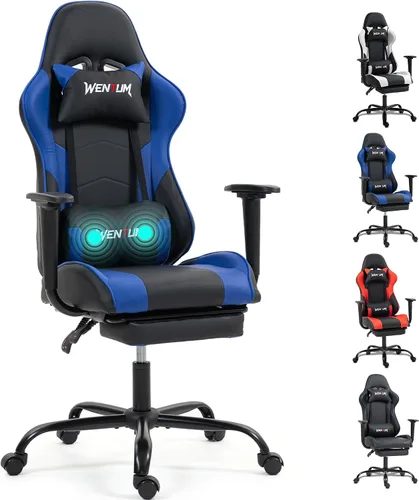 Miniatura 11 de Silla de videojuegos de piel sintética para masaje, silla de videojuegos para PC con soporte lumbar para hombres y mujeres, oficina en casa, altura