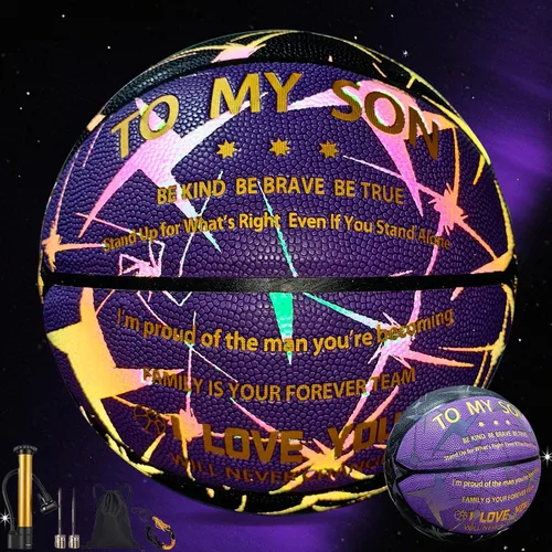 Baloncesto grabado para hijo nieto que brilla en la oscuridad y holográfico, reflectante de 29.5 pulgadas con bomba de aire, regalo personalizado de