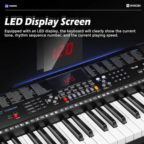 Miniatura 2 de Vangoa Piano de Teclado Eléctrico de 61 Teclas, Kit de Teclado de Piano Electrónico con Luces, 600 Voces, 400 Ritmos con Soporte para Piano, Negro