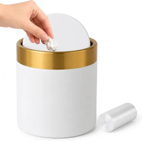 Mini bote de basura con tapa, 1.5 litros/0.4 galones, pequeño cubo de basura de metal con tapa abatible para escritorio, cafetería, tocador, baño,