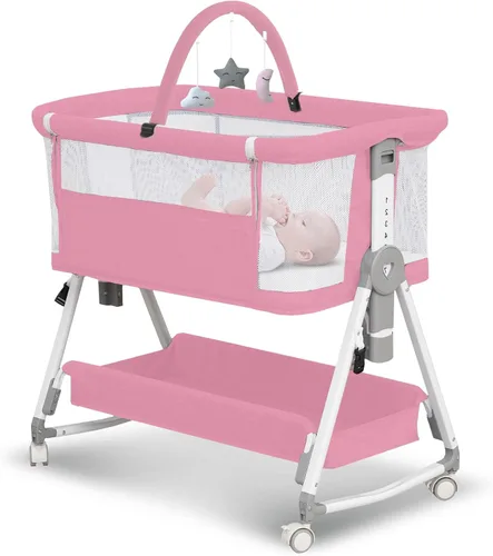 Moisés para bebé, moisés de cabecera 3 en 1 para bebé con juguetes colgantes, moisés plegable portátil para bebé, cuna de cabecera de malla de 4