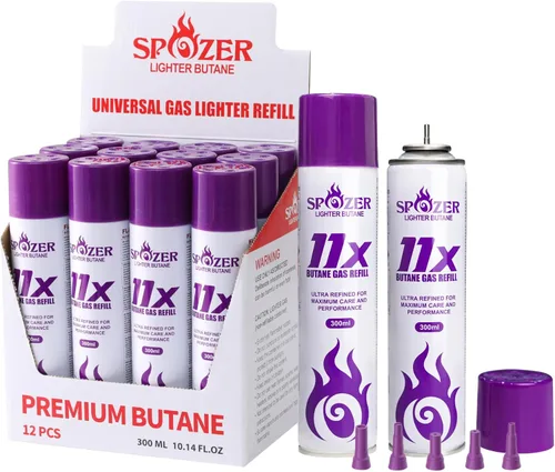 SPOZER 11X Recarga de combustible butano premium, gas butano ultrapuro 99.99% universal para mecheros de antorcha, latas de 300ml (10.14 Oz), una