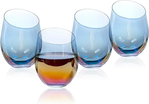 Miniatura 4 de MyGift Copas de vino modernas de 14 onzas sin tallo de vidrio azul iridiscente con borde en ángulo, cristalería transparente con tinte de brillo