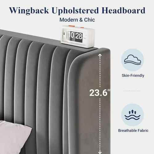 Miniatura 5 de Allewie - Base de cama tamaño King con cabecera tapizada en terciopelo y diseño acanalado vertical; base de cama tapizada en plataforma; no necesita