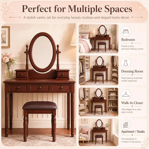Miniatura 7 de Anwick Vintage Vanity Desk with Adjustable Angle Mirror, Wooden Dressing Table Set for Bedroom with Velvet Fabric Lining 5 Drawers, Girls Vanity Set