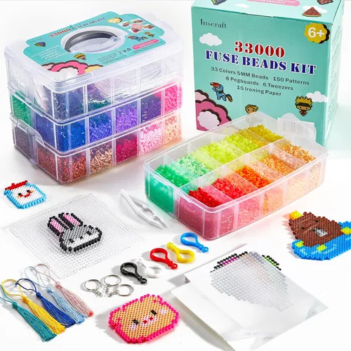 INSCRAFT Fuse Beads - Juego de 33000 cuentas de fusible para niños, juego de cuentas de hierro de 33 colores de 0.197 pulgadas con 150 patrones, 8