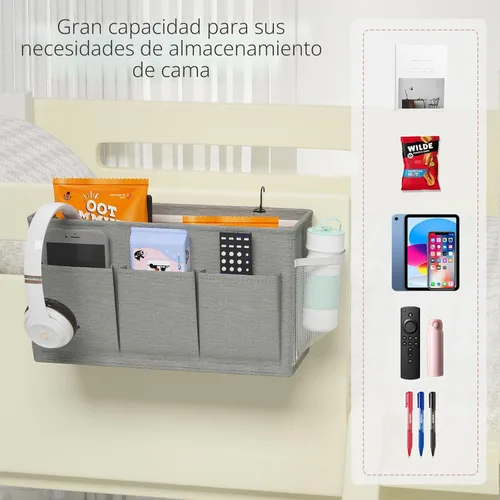 Miniatura 5 de Edudif Organizador de Cabecera de Doble Propósito, Caddy de Cama con 6 Bolsillos, Solución de Almacenamiento Versátil para Mesita de Noche, Portador