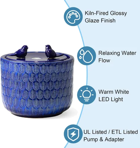 Miniatura 4 de Glitzhome Fuente de agua de cerámica para jardín de 14.75 pulgadas de alto con luces LED y bomba, dos pájaros en relieve con patrón de hojas