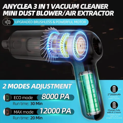 Miniatura 3 de Aspiradora de mano inalámbrica para automóvil, 12000PA de alta potencia, fuerte succión quitapelusas y soplador de aire, mini aspiradora portátil