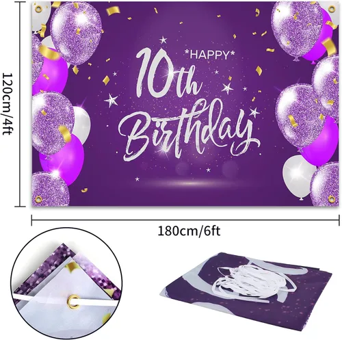 Miniatura 2 de HAMIGAR Fondo de pancarta de feliz cumpleaños número 10 de 6 x 4 pies, decoraciones de cumpleaños de 10 años, suministros de fiesta para niñas