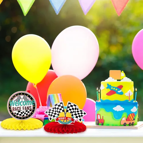 Miniatura 7 de Inbagi 9 piezas de decoración de fiesta de autos de carreras, centros de mesa de panal de abeja, decoración de mesa de fiesta de doble cara