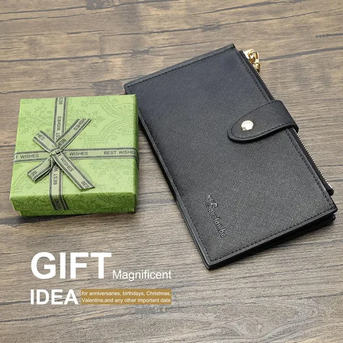 Miniatura 8 de Travelambo Billetera para mujer con bloqueo RFID plegable para múltiples tarjetas con bolsillo con cremallera, Negro -, Minimalista