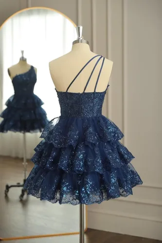 Miniatura 3 de One Shoulder Short Homecoming Dresses for Teens Sequin Sparkly Prom Dresses Tiered Lace Cocktail Dresses