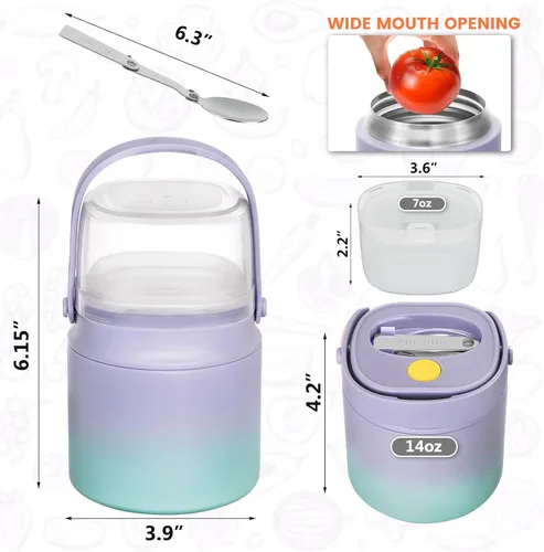 Miniatura 7 de Termo de sopa 2 en 1 para comida caliente, 14 onzas con caja de aperitivos, contenedor aislado a prueba de fugas, recipiente de almuerzo aislado