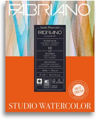 Fabriano Studio Papel de acuarela, prensa caliente, 8 x 10 pulgadas, 140 libras, 12 hojas Blanco