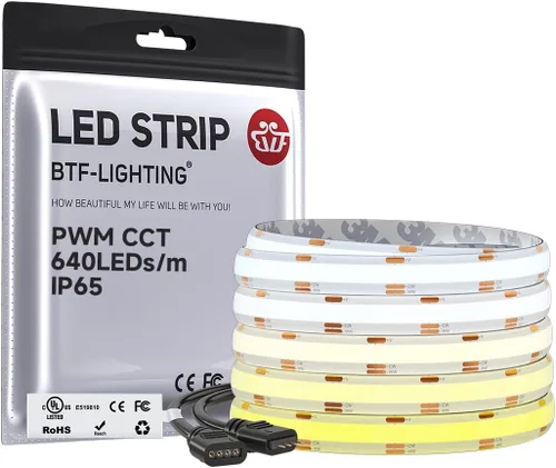 BTF-LIGHTING FCOB COB - Tira de luces LED CCT IP65, flexible, de alta densidad, 16.4 pies, 640LED/m, sintonizable, 3000K-6000K DC12V CRI 90+, cinta